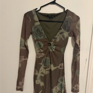 Urban Outfitters Floral Long Sleeve Dress - Brown and Green
